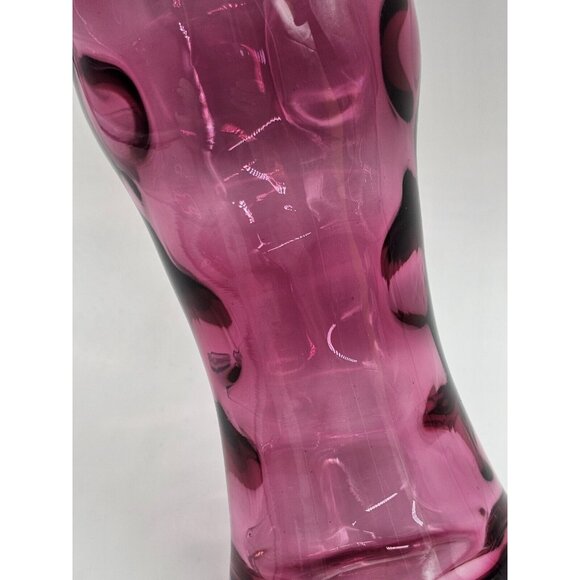 Vintage Handmade Cranberry Glass Thumbprint With Ruffled Rim 8" Tall Vase Boho - Picture 4 of 10